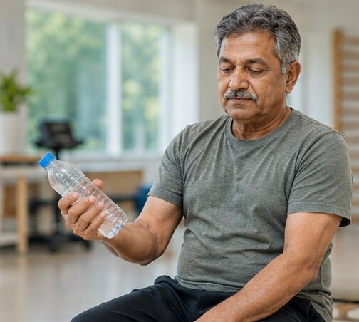 Older man holding a small water bottle to practise forearm pronation and supination