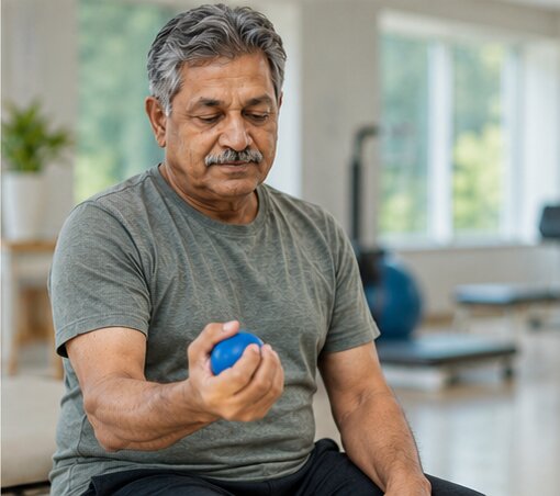 Older man squeezing a soft therapy ball to rebuild grip strength