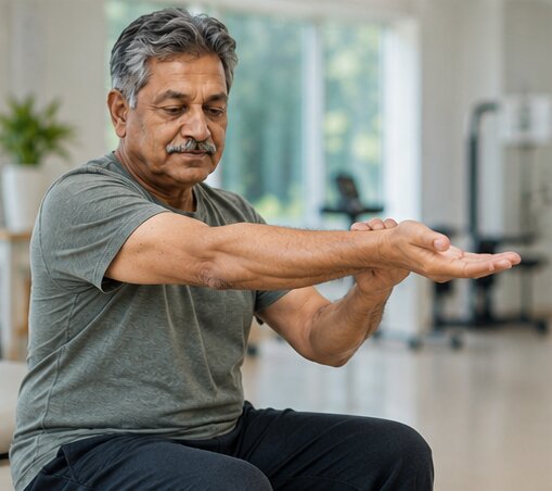 Older man performing a seated wrist extensor stretch with his arm extended and palm facing down